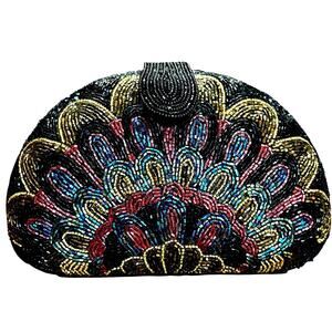 Vintage black & multicolor beaded purse gold chain evening bag dressy clutch